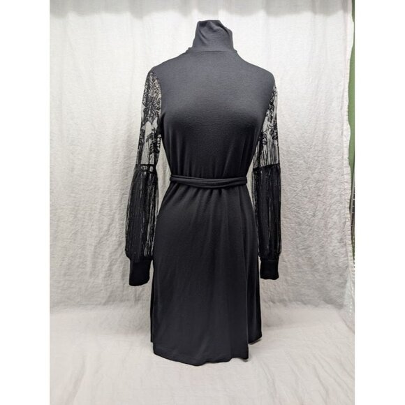 women's size large black mini dress long lace sleeves turtle neck winter goth I2 - Picture 2 of 9